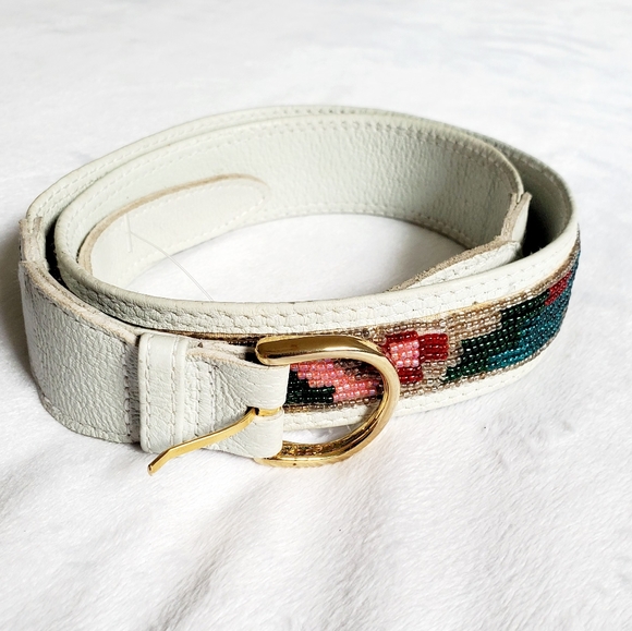 VINTAGE Beaded Leather Belt M light Mint Aqua boho - Picture 1 of 7